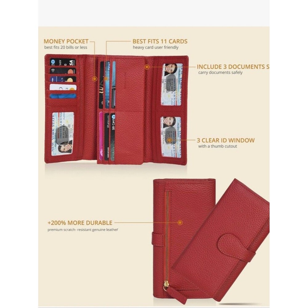 Oak Leathers Women's Red Leather Trifold Wallet RFID Blocking - Picture 2 of 5